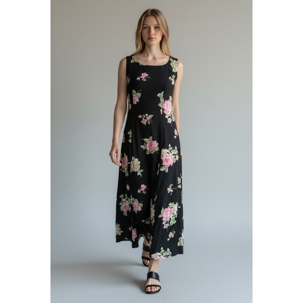 VTG Cottagecore Dress Maxi 90s Whimsygoth Black Pink Feminine Cabbage Rose Small